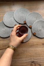 Gri Tress 6’lı Bardak Altlığı, Çay Kahve Fincan Kupa Mum Altlığı Dekoratif Supla 12 Cm