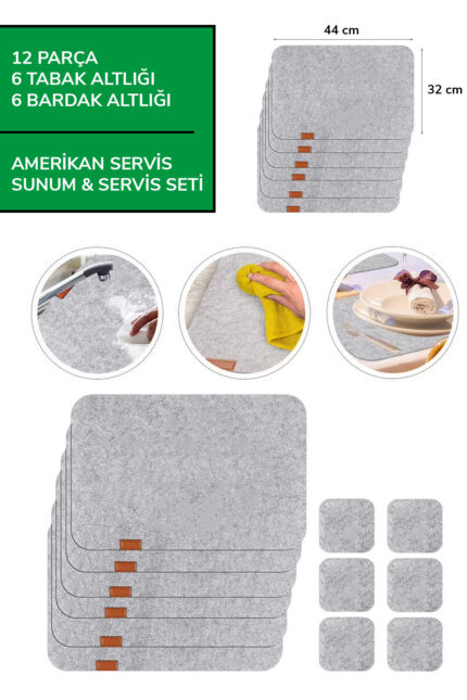 12 Parça Keçe Supla, Amerikan Servis Seti, Sunum & Servis Seti, 6 Tabak ve 6 Bardak Altlığı